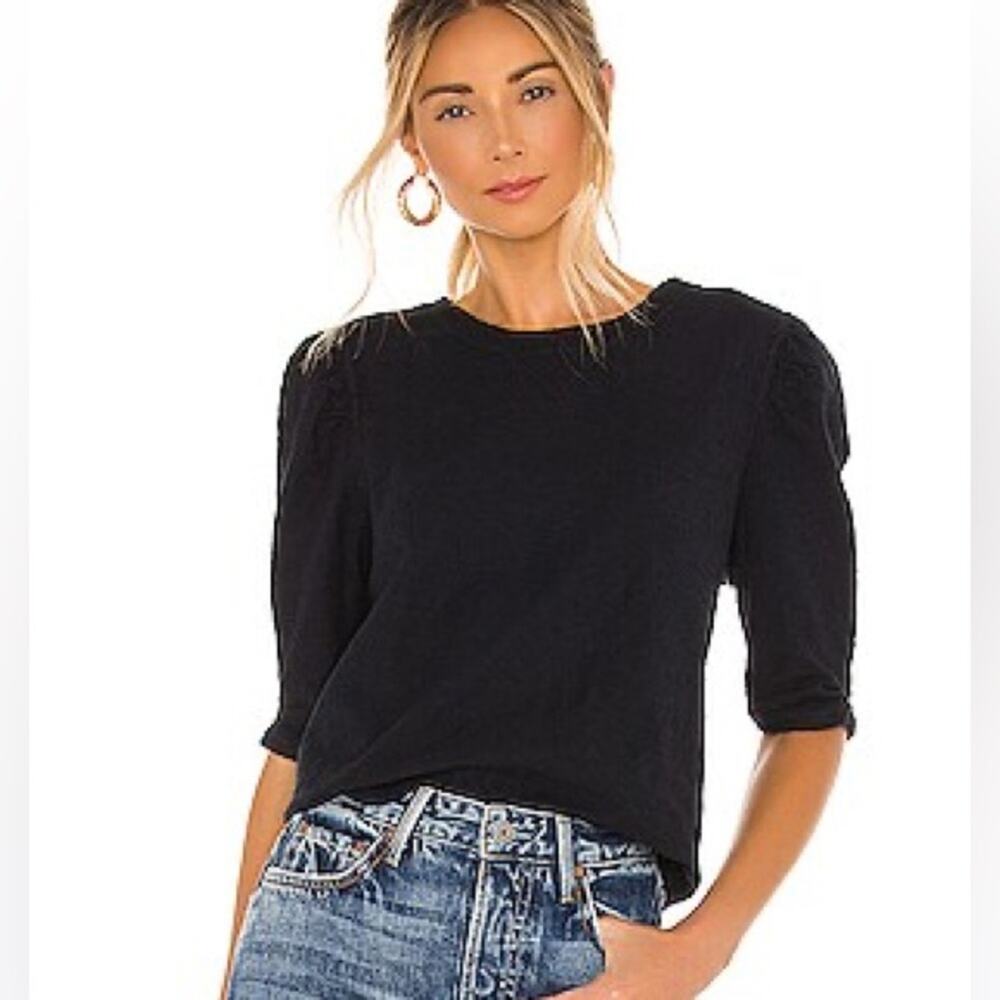 FREE PEOPLE Just A Puff‎ Textured Short Sleeve Top in Black Sz M Minimalist Boho